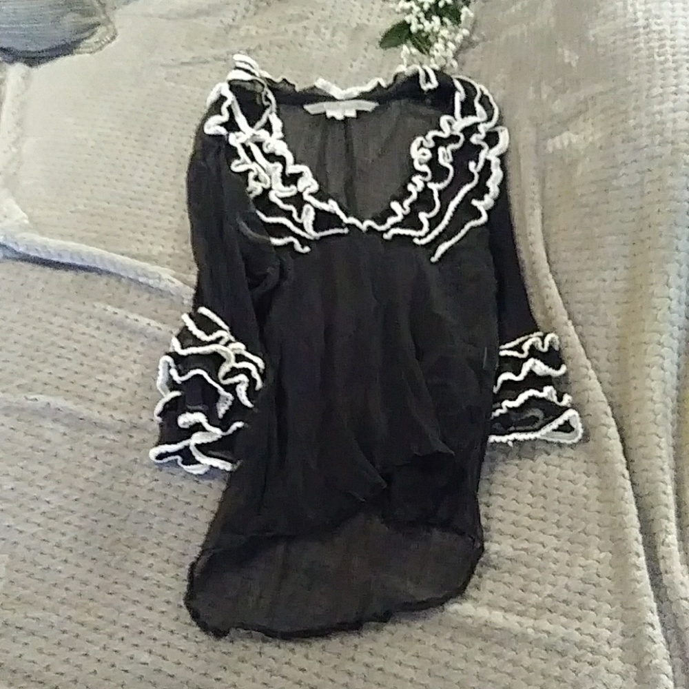 Zara sheer black with white ruffle blouse